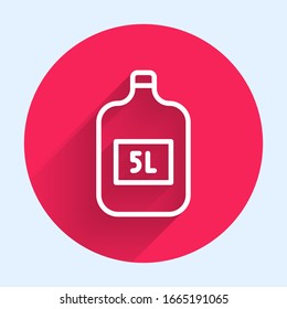 White line Big bottle with clean water icon isolated with long shadow. Plastic container for the cooler. Red circle button. Vector Illustration