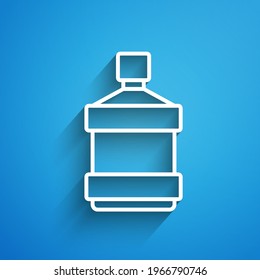 White line Big bottle with clean water icon isolated on blue background. Plastic container for the cooler. Long shadow. Vector