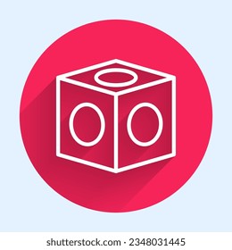 White line Billiard chalk icon isolated with long shadow. Chalk block for billiard cue. Red circle button. Vector