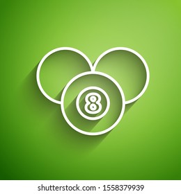 White line Billiard pool snooker 8 ball icon isolated on green background. Billiard eight ball.  Vector Illustration