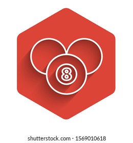 White line Billiard pool snooker 8 ball icon isolated with long shadow. Billiard eight ball. Red hexagon button. Vector Illustration