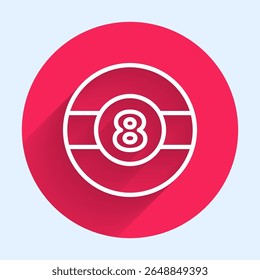 White line Billiard pool snooker ball with number 8 icon isolated with long shadow. Red circle button. Vector