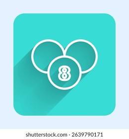 White line Bingo or lottery ball on bingo card with lucky numbers icon isolated with long shadow. Green square button. Vector