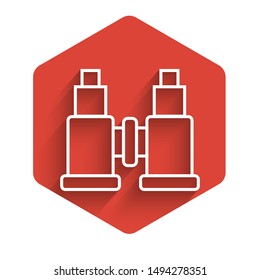 White line Binoculars icon isolated with long shadow. Find software sign. Spy equipment symbol. Red hexagon button. Vector Illustration