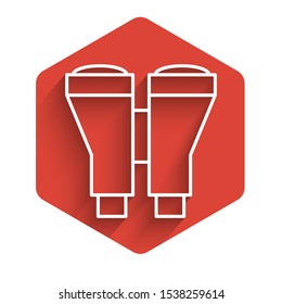 White line Binoculars icon isolated with long shadow. Find software sign. Spy equipment symbol. Red hexagon button. Vector Illustration