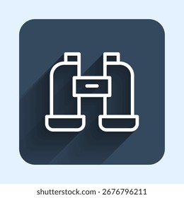 Weißes Fernglas-Symbol einzeln auf langem Schattenhintergrund. Softwarezeichen suchen. Symbol für Spionageausrüstung. Blauer quadratischer Knopf. Vektorgrafik