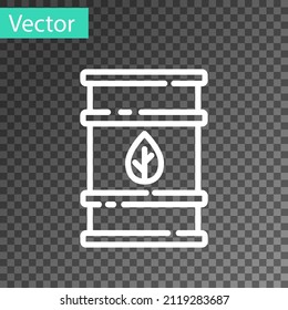 Icono de barril de combustible Bio de línea blanca aislado en fondo transparente. Biografía ecológica y bote. Ambiente verde y reciclaje.  Vector