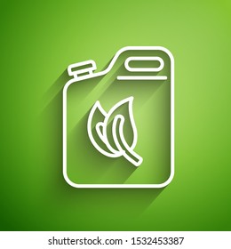 White line Bio fuel canister icon isolated on green background. Eco bio and barrel. Green environment and recycle.  Vector Illustration