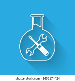 White line Bioengineering with screwdriver and wrench icon isolated with long shadow. Adjusting, service, setting, maintenance, repair, fixing.  Vector Illustration