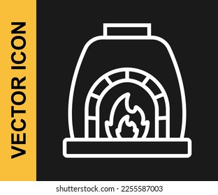 White line Blacksmith oven icon isolated on black background.  Vector