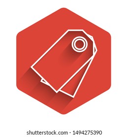 White line Blank label template price tag icon isolated with long shadow. Empty shopping discount sticker. Template discount banner. Red hexagon button. Vector Illustration