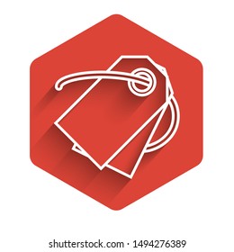 White line Blank label template price tag icon isolated with long shadow. Empty shopping discount sticker. Template discount banner. Red hexagon button. Vector Illustration