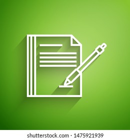 White line Blank notebook and pen icon isolated on green background. Paper and pen.  Vector Illustration