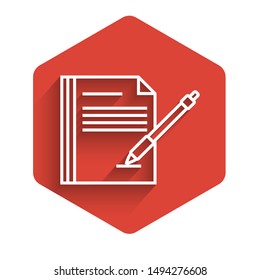 White line Blank notebook and pen icon isolated with long shadow. Paper and pen. Red hexagon button. Vector Illustration