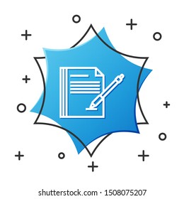 White line Blank notebook and pen icon isolated on white background. Paper and pen. Blue hexagon button. Vector Illustration