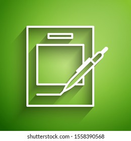 White line Blank notebook and pen icon isolated on green background. Paper and pen.  Vector Illustration