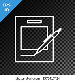 White line Blank notebook and pen icon isolated on transparent dark background. Paper and pen.  Vector Illustration