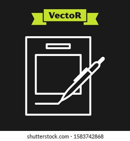 White line Blank notebook and pen icon isolated on black background. Paper and pen.  Vector Illustration