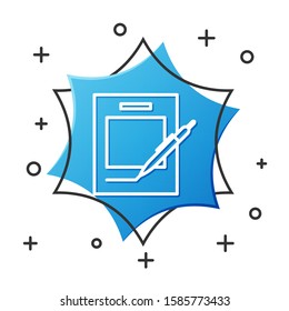 White line Blank notebook and pen icon isolated on white background. Paper and pen. Blue hexagon button. Vector Illustration
