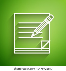 White line Blank notebook and pencil with eraser icon isolated on green background. Paper and pencil.  Vector Illustration