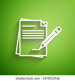 White line Blank notebook and pencil with eraser icon isolated on green background. Paper and pencil.  Vector Illustration