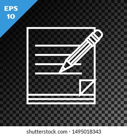 White line Blank notebook and pencil with eraser icon isolated on transparent dark background. Paper and pencil.  Vector Illustration