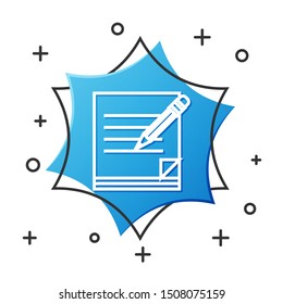 White line Blank notebook and pencil with eraser icon isolated on white background. Paper and pencil. Blue hexagon button. Vector Illustration