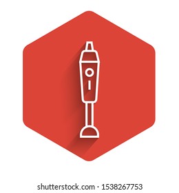 White line Blender icon isolated with long shadow. Kitchen electric stationary blender with bowl. Cooking smoothies, cocktail or juice. Red hexagon button. Vector Illustration