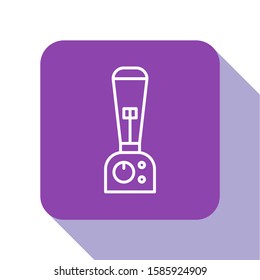 White line Blender icon isolated on white background. Kitchen electric stationary blender with bowl. Cooking smoothies, cocktail or juice. Purple square button. Vector Illustration