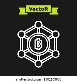White line Blockchain technology Bitcoin icon isolated on black background. Abstract geometric block chain network technology business.  Vector Illustration