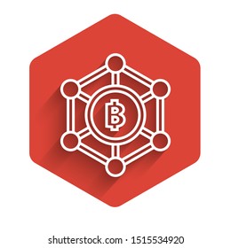 White line Blockchain technology Bitcoin icon isolated with long shadow. Abstract geometric block chain network technology business. Red hexagon button. Vector Illustration