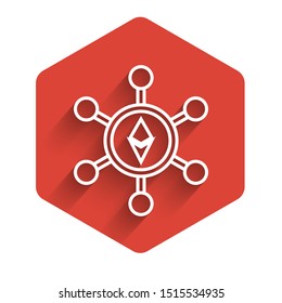 White line Blockchain technology Ethereum ETH icon isolated with long shadow. Abstract geometric block chain network technology business. Red hexagon button. Vector Illustration