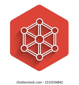 White line Blockchain technology icon isolated with long shadow. Cryptocurrency data. Abstract geometric block chain network technology business. Red hexagon button. Vector Illustration