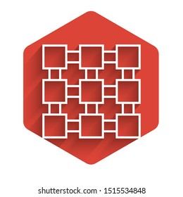 White line Blockchain technology icon isolated with long shadow. Cryptocurrency data. Abstract geometric block chain network technology business. Red hexagon button. Vector Illustration