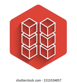 White line Blockchain technology icon isolated with long shadow. Cryptocurrency data. Abstract geometric block chain network technology business. Red hexagon button. Vector Illustration