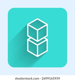 Linha branca ícone da tecnologia Blockchain isolado com sombra longa. Dados de criptomoeda. Abstrato negócio de tecnologia de rede de cadeia de blocos geométricos. Botão quadrado verde. Vetor