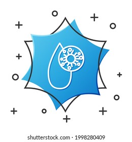 White line Blood test and virus molecule coronavirus icon isolated on white background. Coronavirus, COVID-19. 2019-nCoV. Blue hexagon button. Vector Illustration