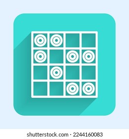 White line Board game of checkers icon isolated with long shadow. Ancient Intellectual board game. Chess board. White and black chips. Green square button. Vector