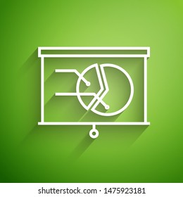 White line Board with graph chart icon isolated on green background. Report text file icon. Accounting sign. Audit, analysis or planning.  Vector Illustration