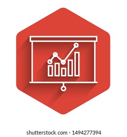 White line Board with graph chart icon isolated with long shadow. Report text file icon. Accounting sign. Audit, analysis, planning. Red hexagon button. Vector Illustration