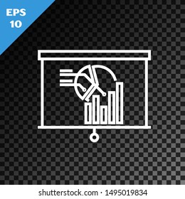 White line Board with graph chart icon isolated on transparent dark background. Report text file icon. Accounting sign. Audit, analysis, planning.  Vector Illustration