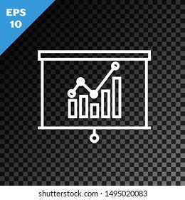White line Board with graph chart icon isolated on transparent dark background. Report text file icon. Accounting sign. Audit, analysis, planning.  Vector Illustration
