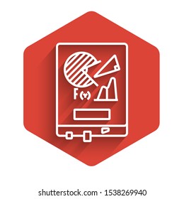 White line Board with graph chart icon isolated with long shadow. Report text file icon. Accounting sign. Audit, analysis, planning. Red hexagon button. Vector Illustration