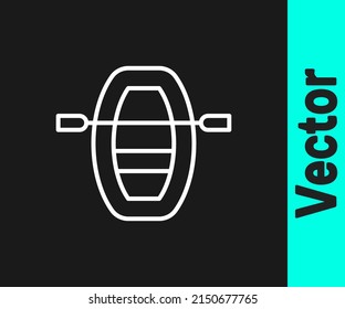 White line Boat with oars icon isolated on black background. Water sports, extreme sports, holiday, vacation, team building.  Vector