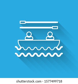 White line Boat with oars and people icon isolated with long shadow. Water sports, extreme sports, holiday, vacation, team building.  Vector Illustration