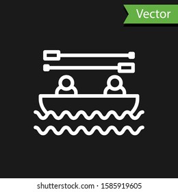 White line Boat with oars and people icon isolated on black background. Water sports, extreme sports, holiday, vacation, team building.  Vector Illustration