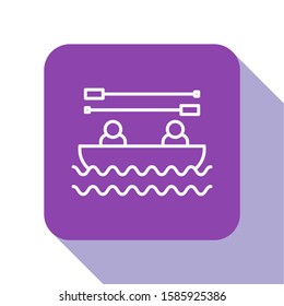 White line Boat with oars and people icon isolated on white background. Water sports, extreme sports, holiday, vacation, team building. Purple square button. Vector Illustration