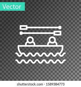 White line Boat with oars and people icon isolated on transparent background. Water sports, extreme sports, holiday, vacation, team building.  Vector Illustration