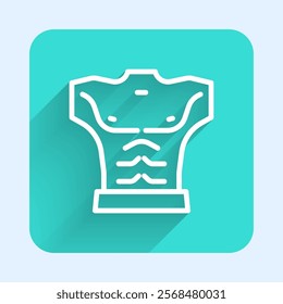 White line Bodybuilder showing his muscles icon isolated with long shadow. Fit fitness strength health hobby concept. Green square button. Vector