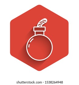 White line Bomb ready to explode icon isolated with long shadow. Happy Halloween party. Red hexagon button. Vector Illustration
